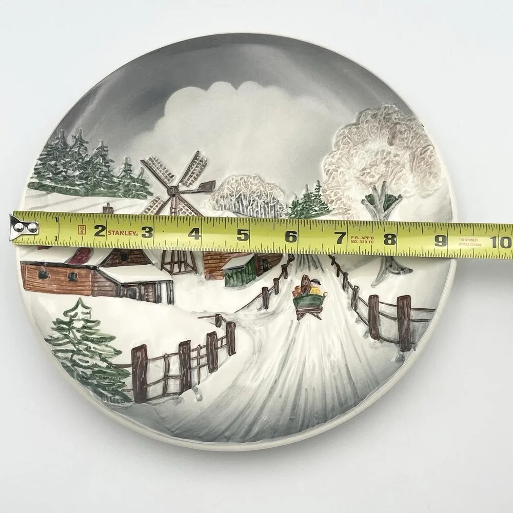 Vintage 1978 West Germany 3D Relief Winter Village‎ Windmill Wall Plate 9.25